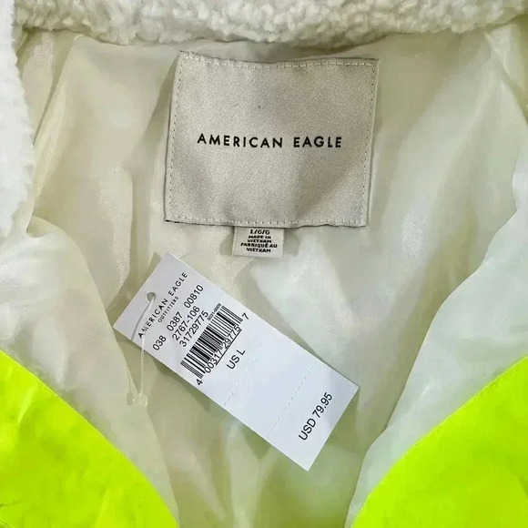 American Eagle White Fleece Sherpa Large NWT Neon Snap Pullover Yellow Green 90s - Picture 8 of 10
